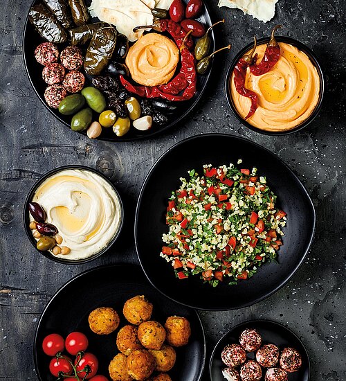 Arabische Küche. Orientalische Meze-Platte mit Fladenbrot, Oliven, Hummus, gefüllten Dolma.