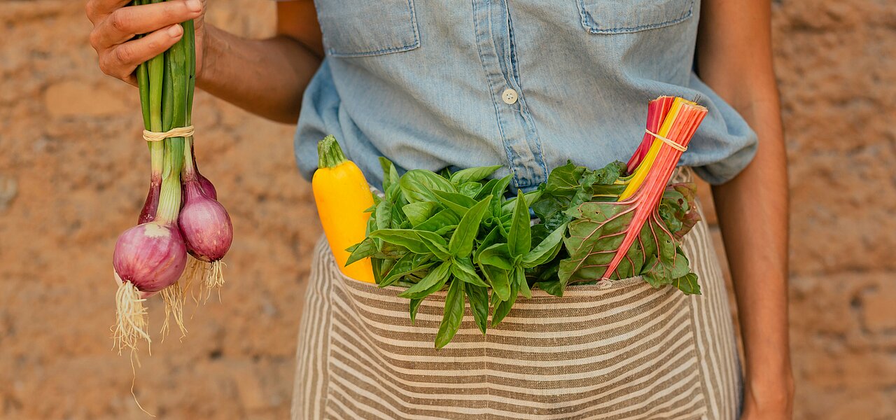 A person holding a bunch of vegetables in their hands