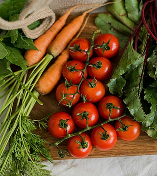 A wooden cutting board with lots of vegetables 